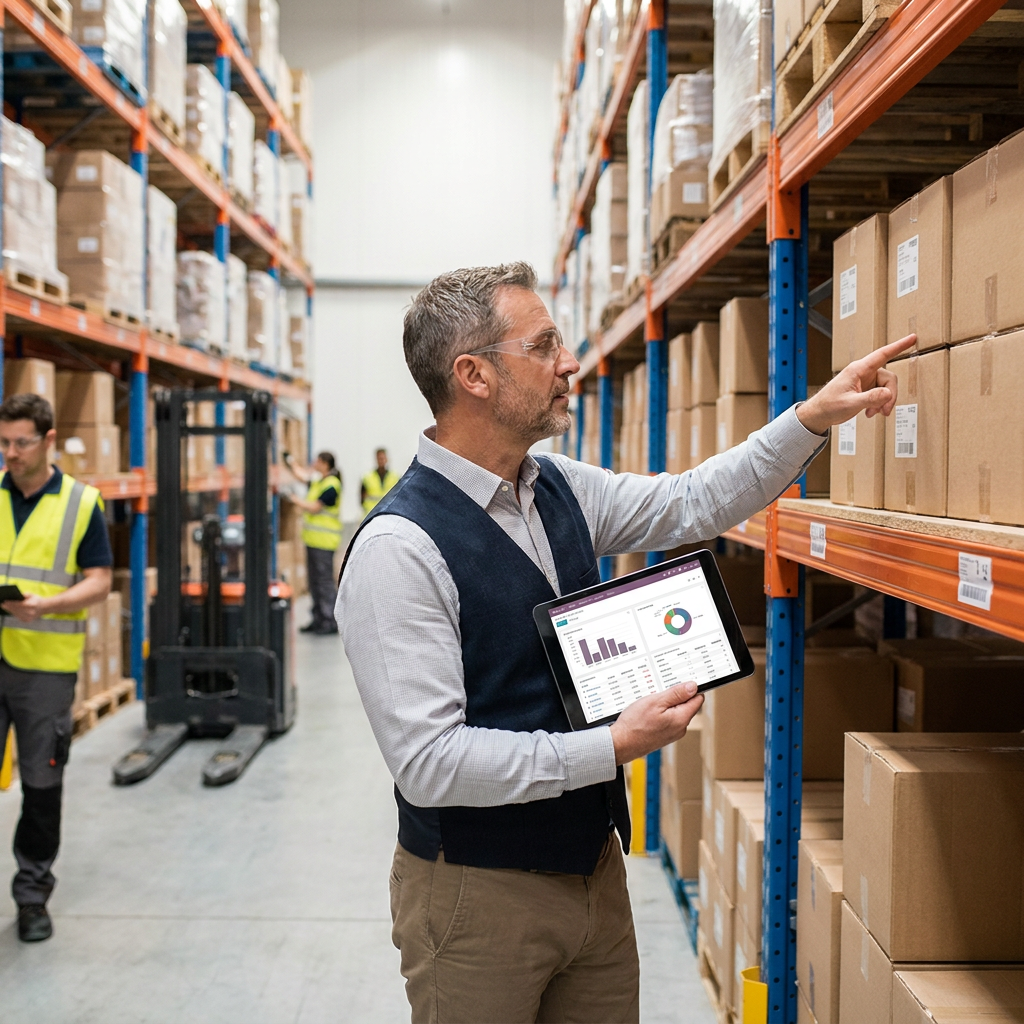 Usuario gestionando almacén con Odoo en tablet