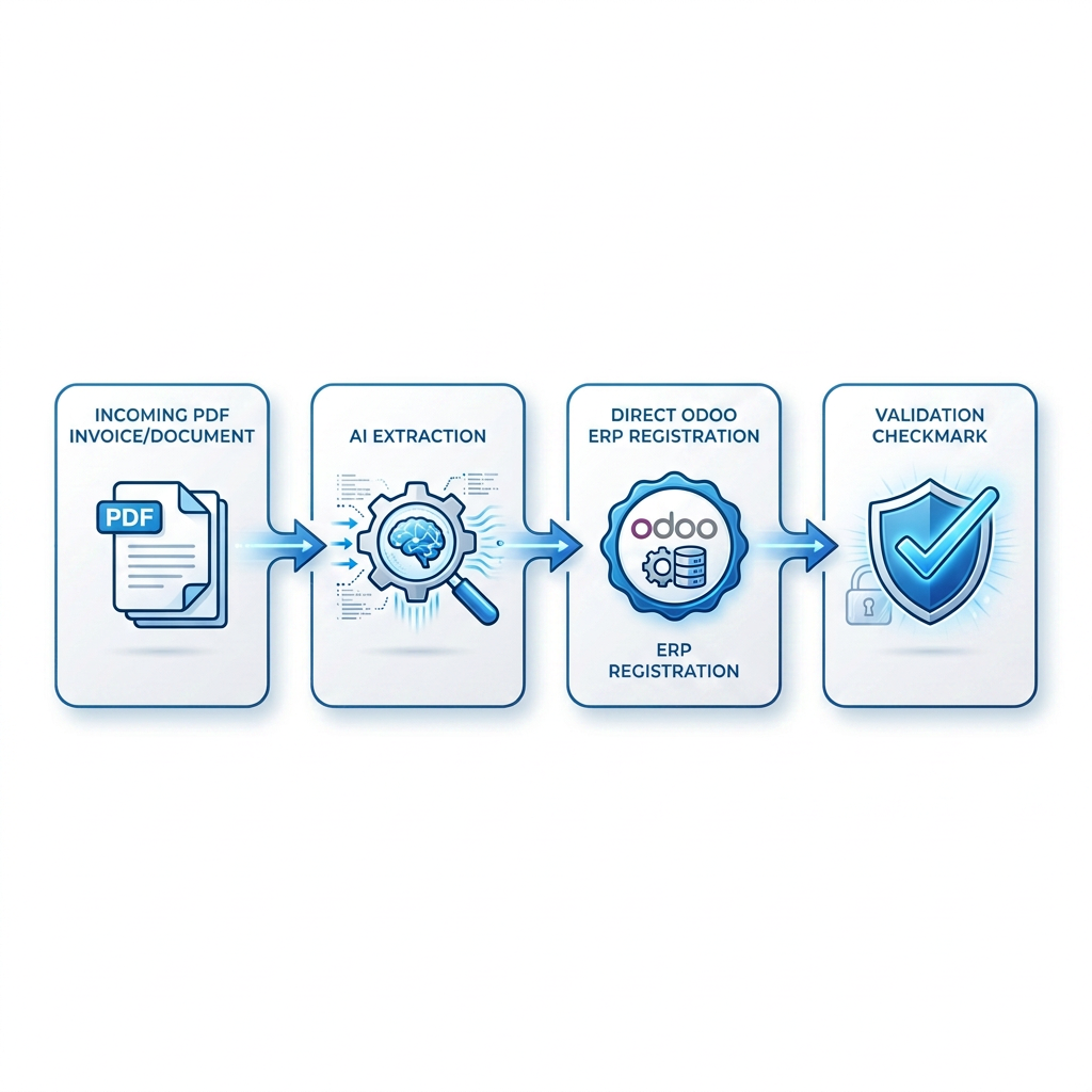 Esquema visual de flujo automatizado: Documento Entrante -> Lectura con IA -> Registro en Odoo -> Validación