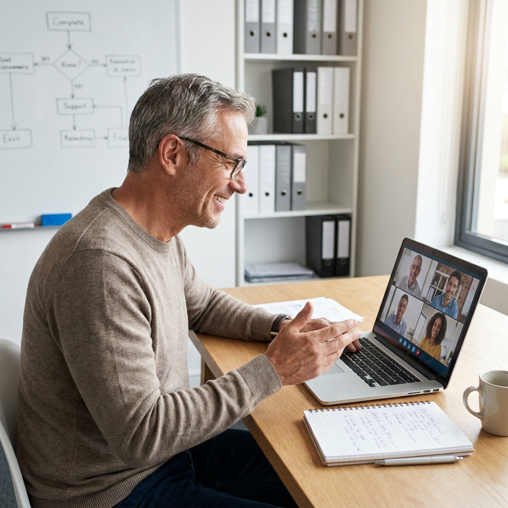 Consultor técnico de Odoo realizando una sesión de formación técnica por videollamada