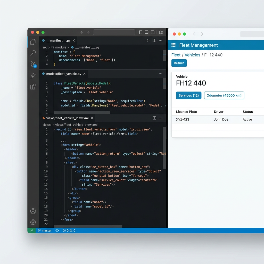 Editor de código VS Code y ventana de Odoo con módulo personalizado funcionando
