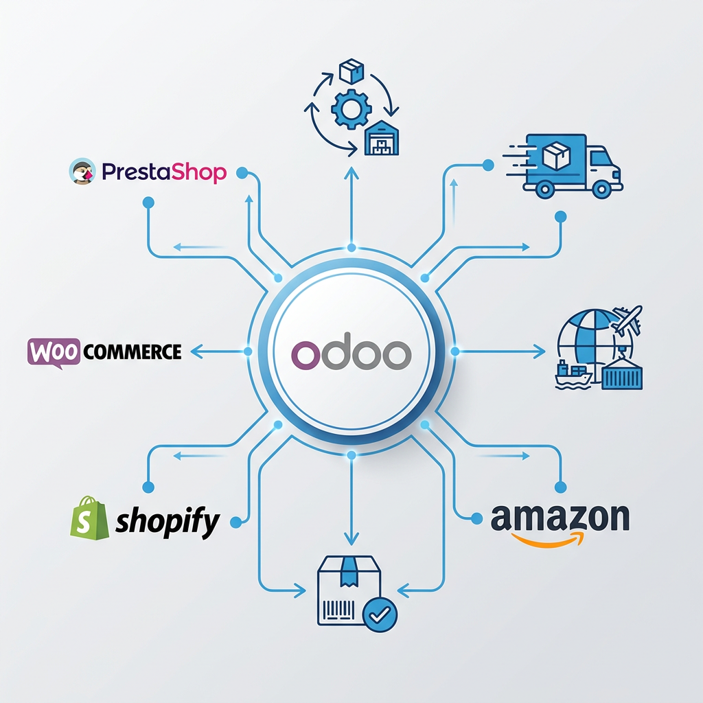 Composición visual: Logo de Odoo conectado con PrestaShop, WooCommerce, Shopify, Amazon y logística