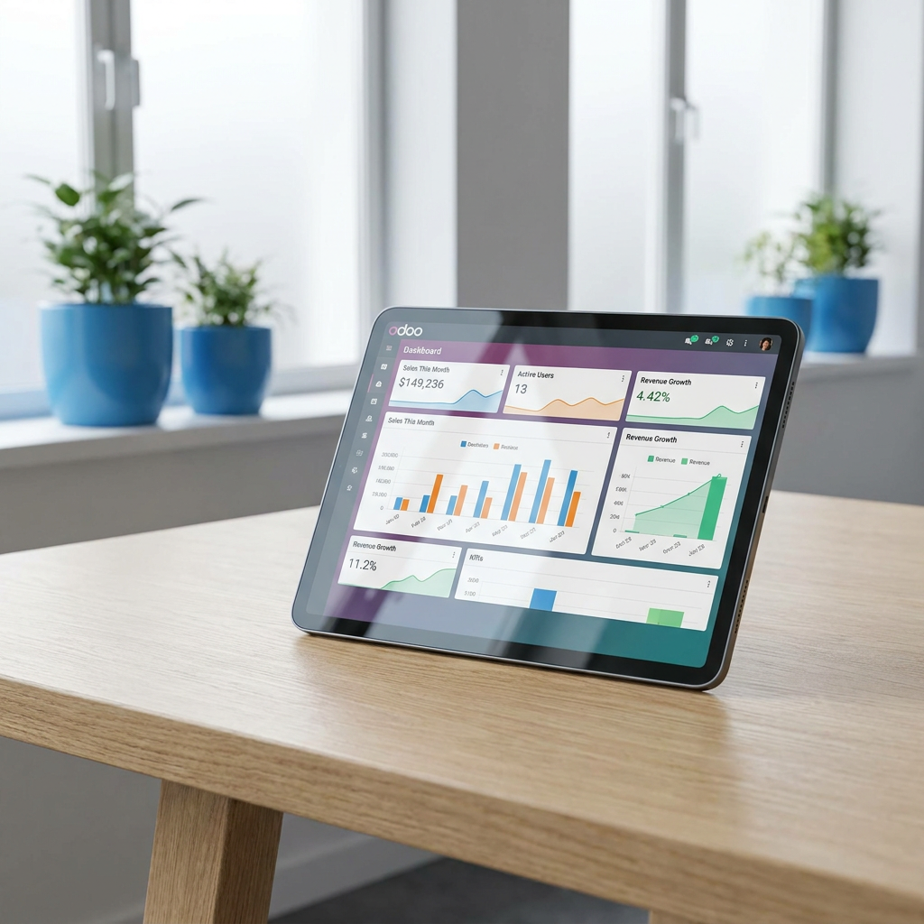 Vista de Odoo con cuadros de mando y gráficos de gestión
